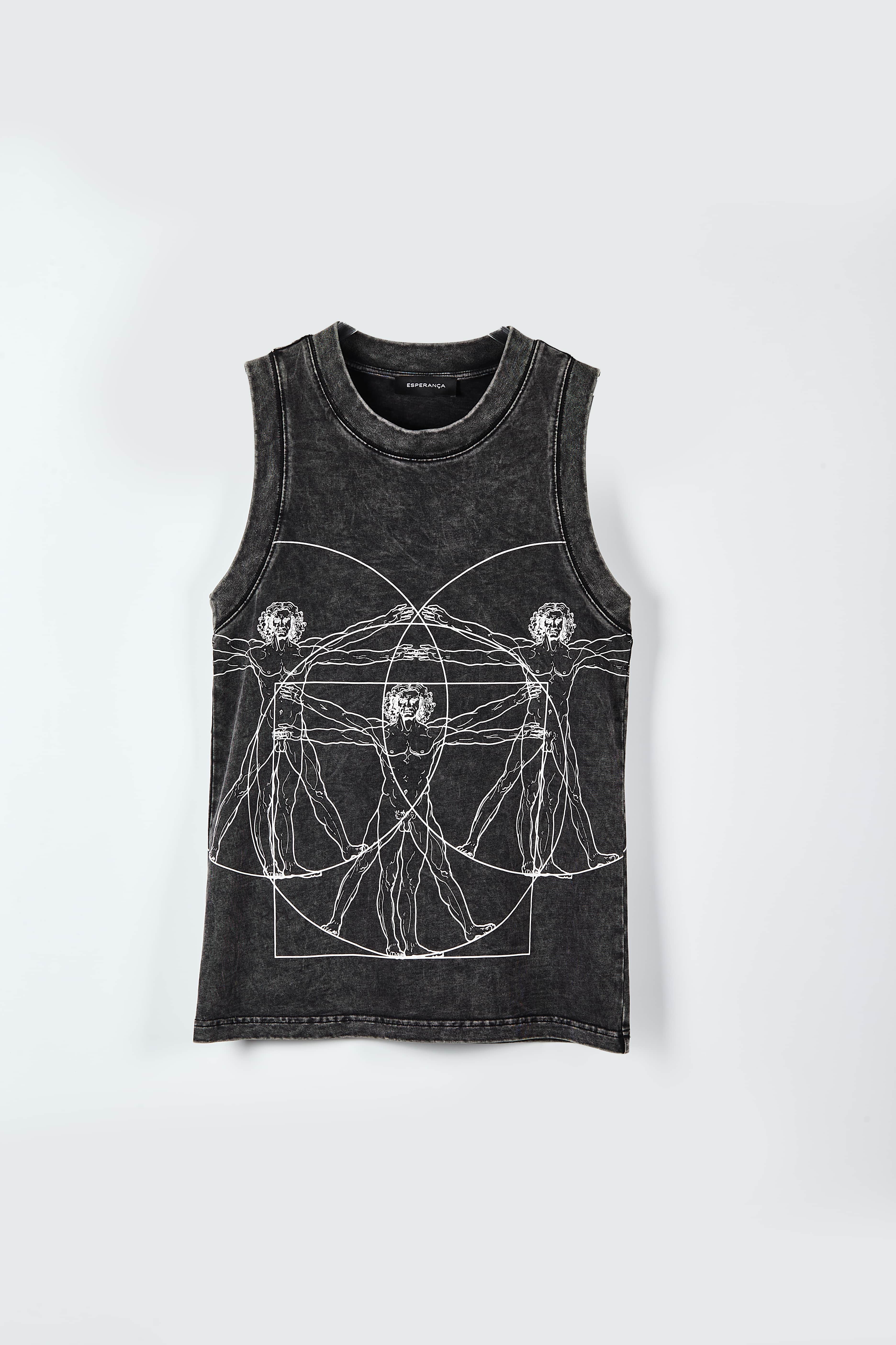 Vitruvian Man Graphic Tank Top - Acid Wash Streetwear Sleeveless Tee